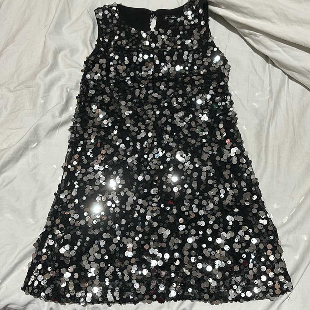 Zunie 7 sleeveless Aline sparkle lined dress silver black sequined worn once euc